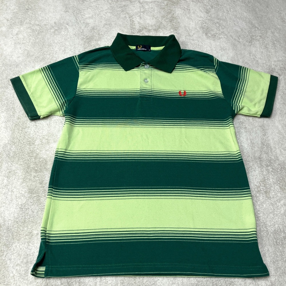 Fred Perry Polo Shirt Green Striped Short Sleeve Laurel Wreath Extra Slim Mens M